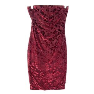 Y2k Velvet Burnout Strapless Burgundy Tube Top Bodycon Mini Dress Womens S M Vtg